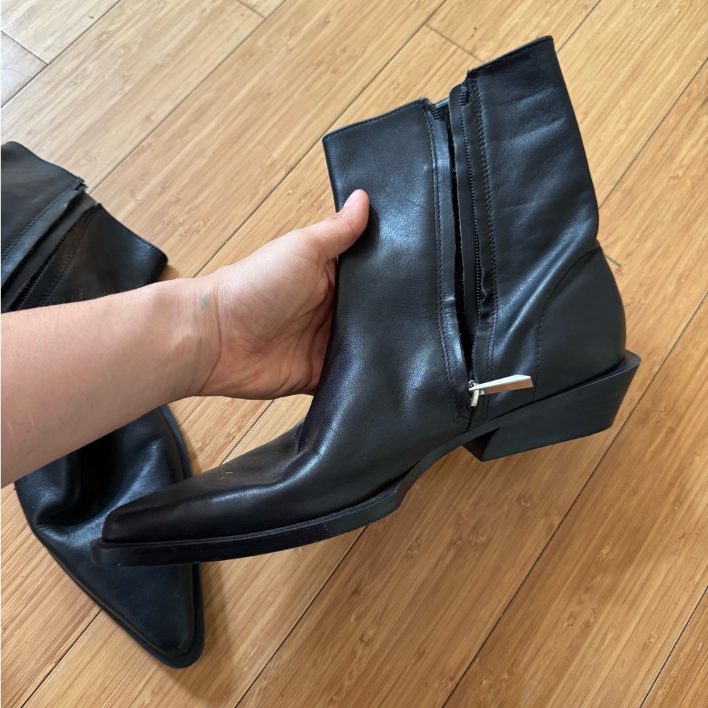 Black Leather Zara Western Ankle Boots